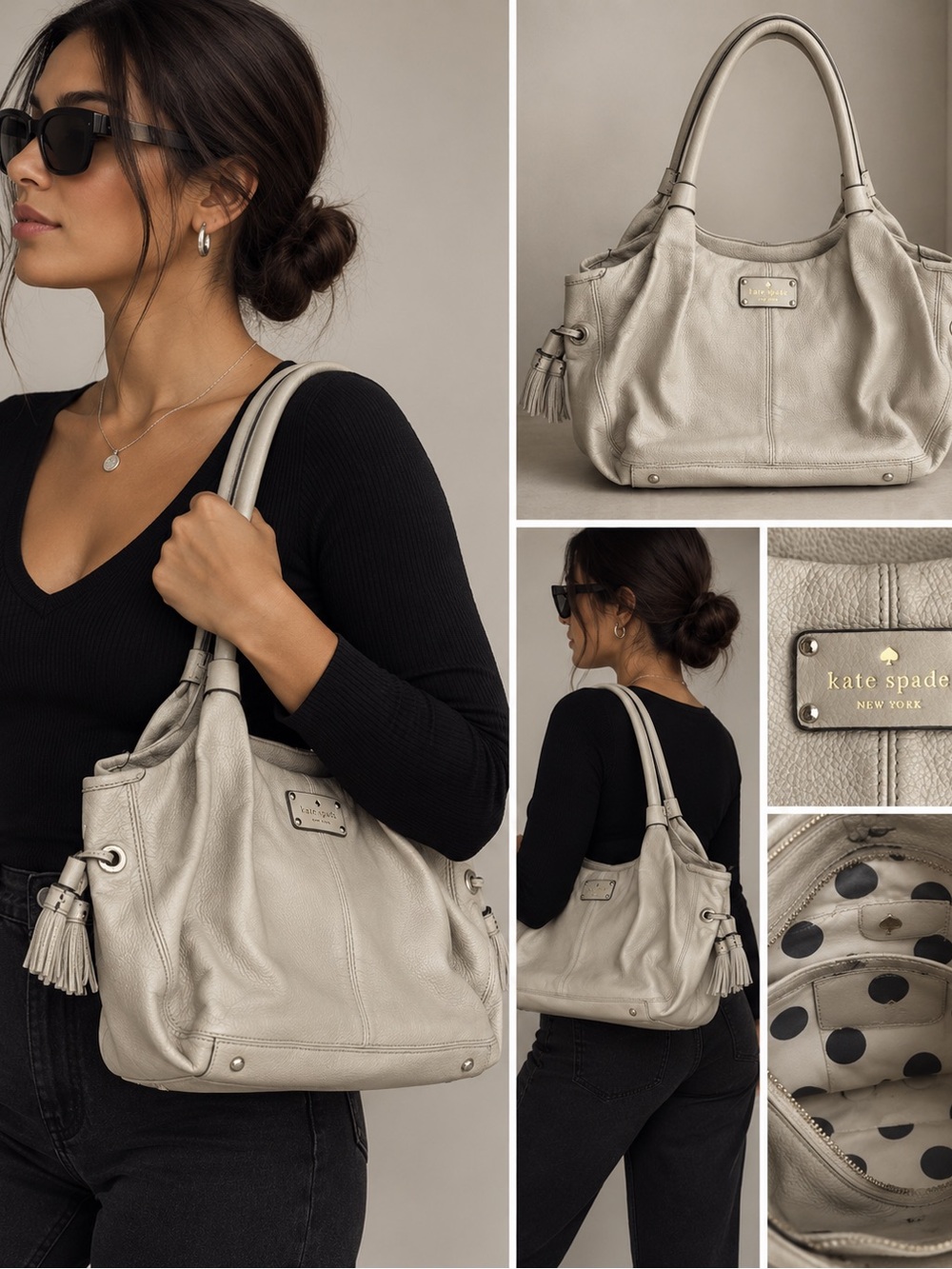 Kate Spade Cream Beige Champagne Leather Tassel Shoulder Bag